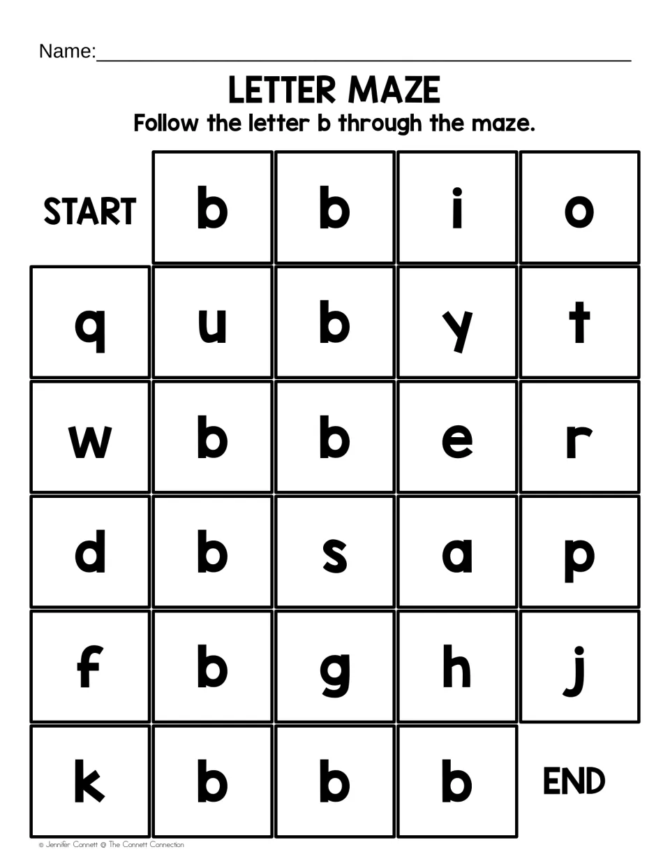Large-print lowercase b maze: students follow each b from START to END, skipping letters like q, d, y and g