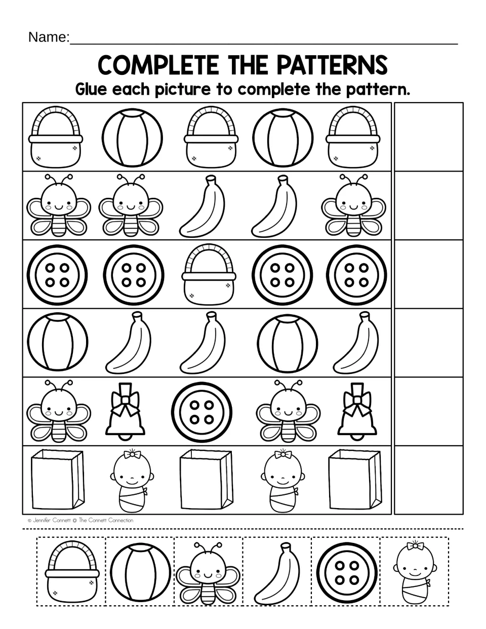 Complete the patterns: students cut out basket, ball, bee, banana, button and baby pictures and glue each to finish 6 rows