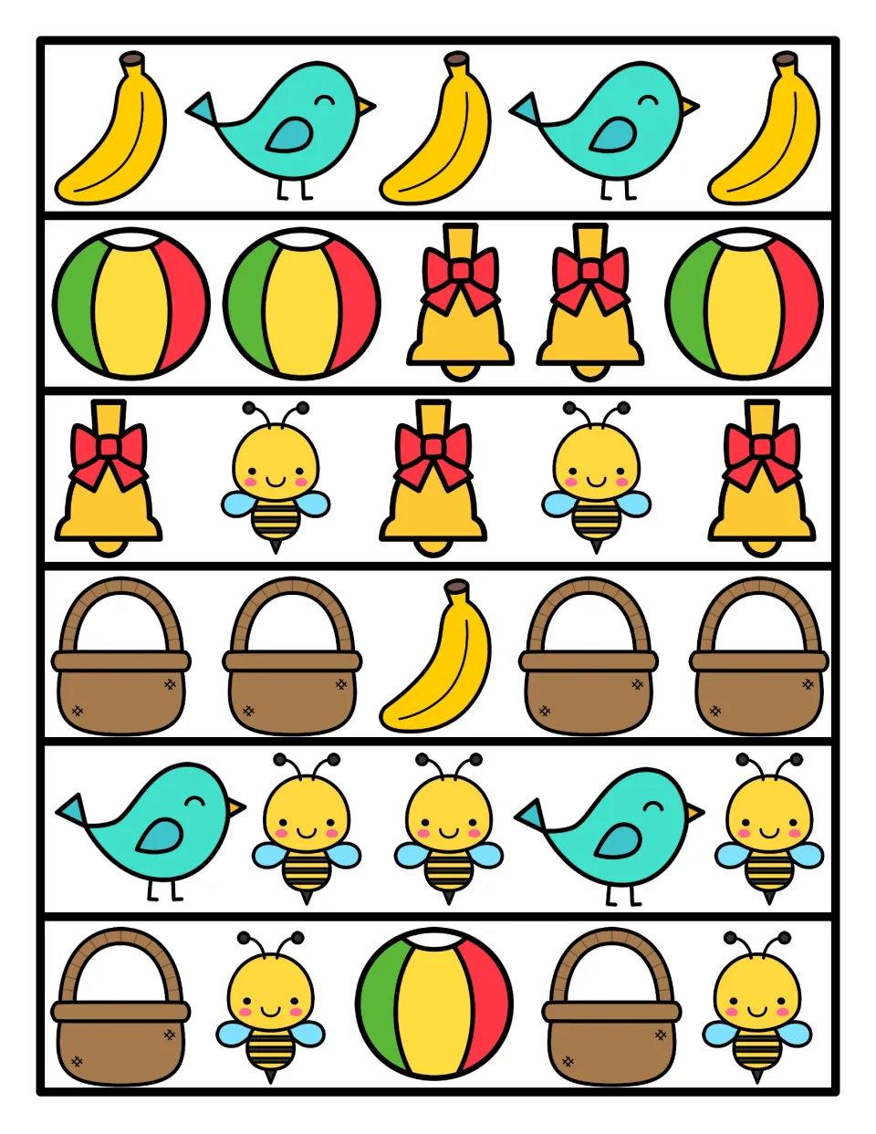 Color pattern strips: six rows of banana, bird, ball, bell, bee and basket pictures arranged in repeating patterns