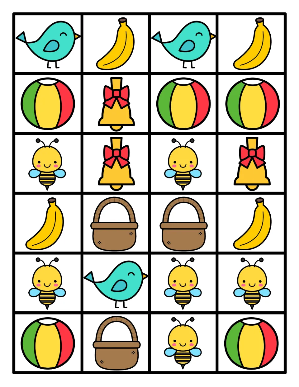 Picture cards to cut apart: 24 color cards of birds, bananas, balls, bells, bees and baskets for continuing the patterns
