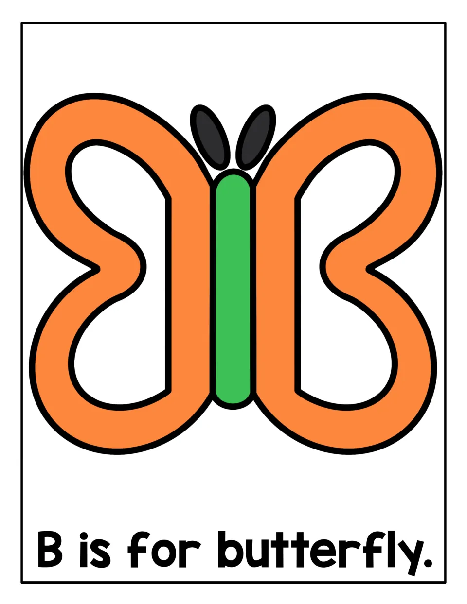 B is for butterfly: orange wings shaped like two mirrored letter Bs, with open centers for children to fill with playdough