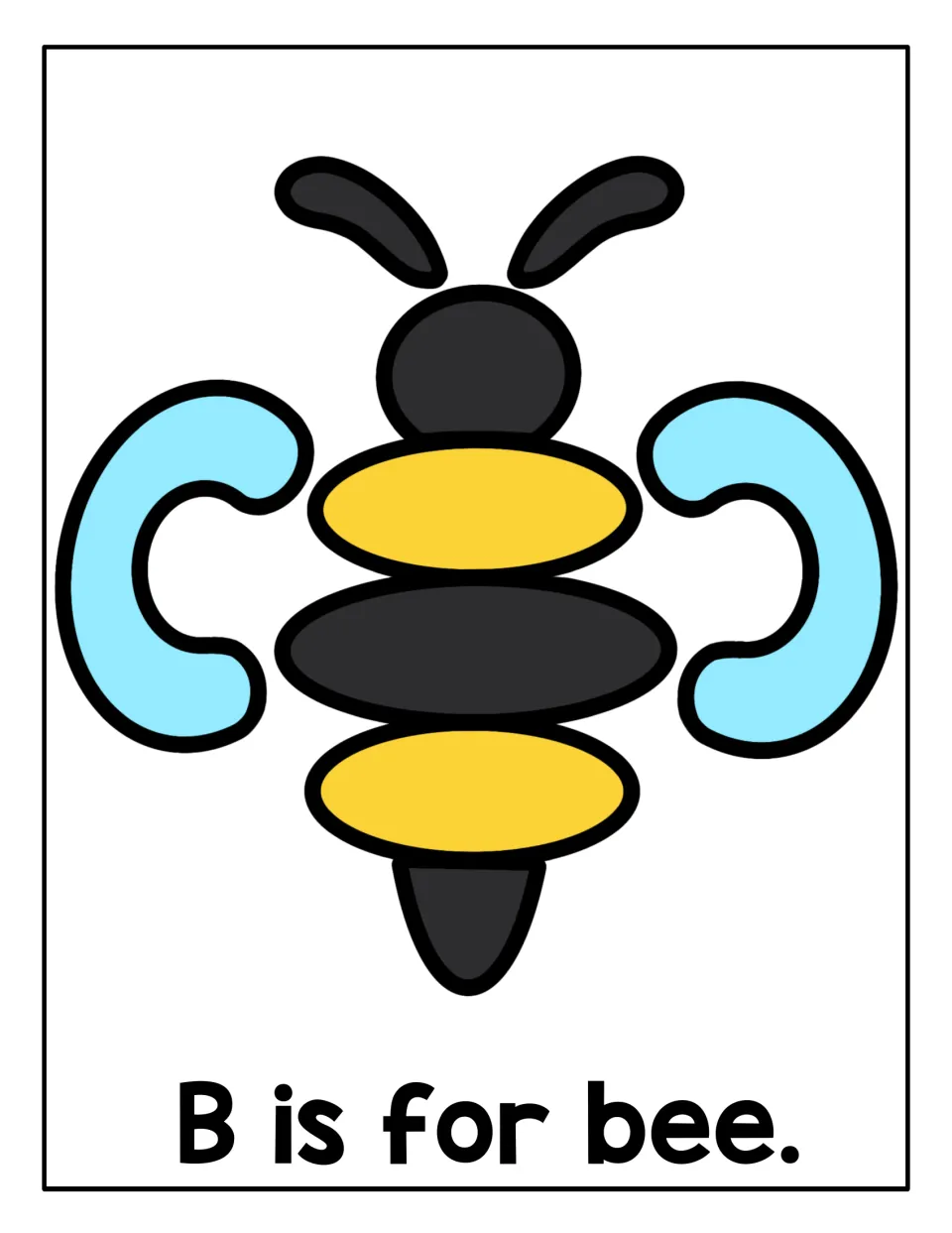 B is for bee: black and yellow bee with light blue wings; children roll playdough to fill the open wing shapes