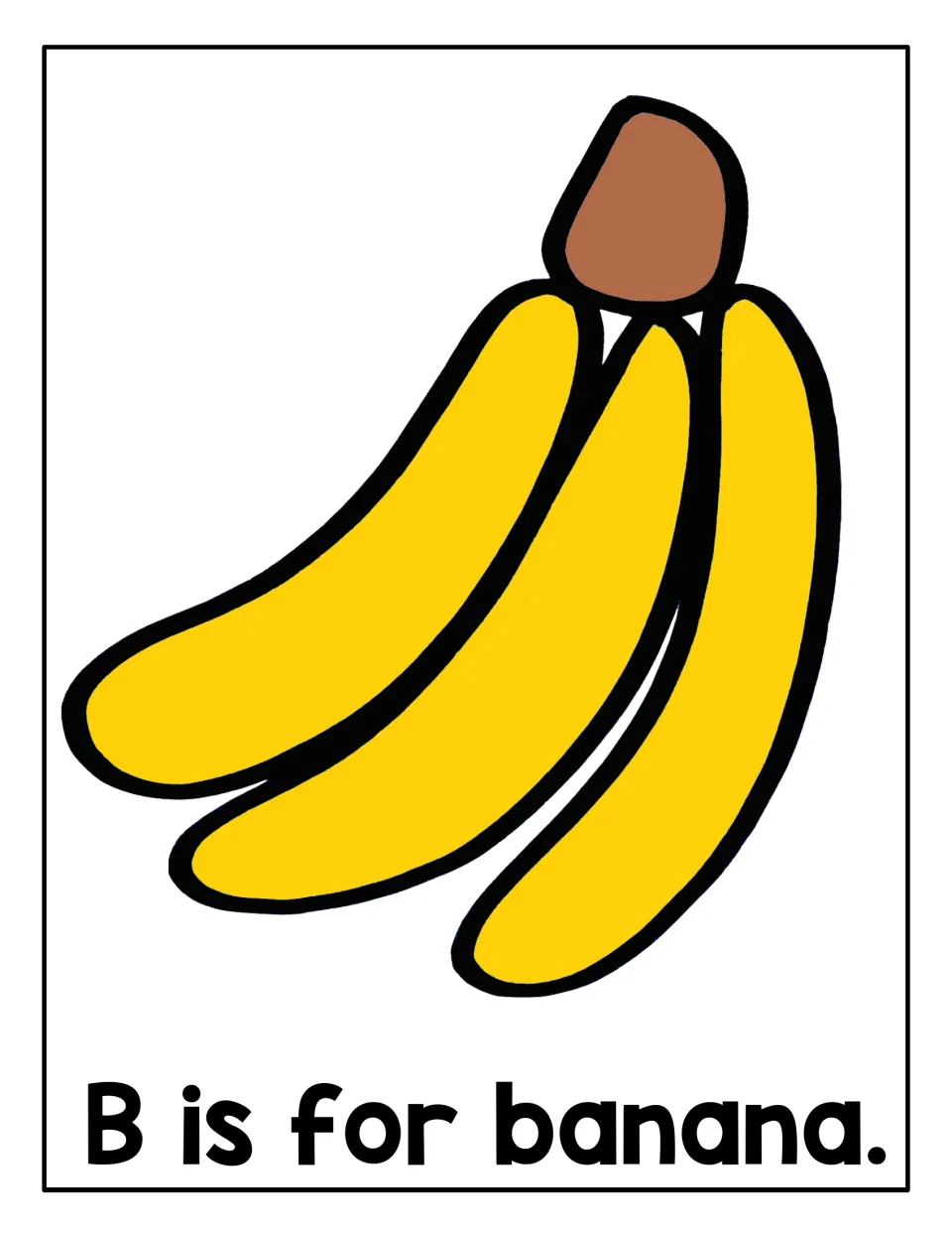 B is for banana: bunch of three yellow bananas with a brown stem; children cover the fruit shapes in rolled playdough