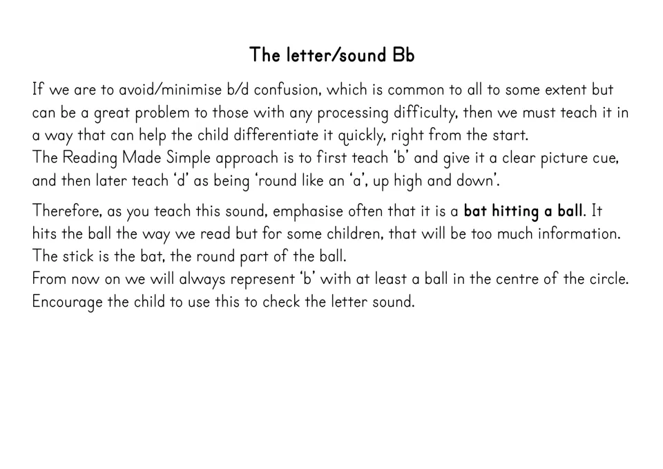 Teaching note on letter b: introduces b as a bat hitting a ball to help children avoid b/d confusion from the start