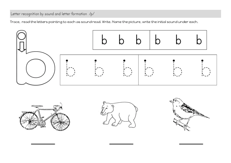 Letter b tracing and initial sounds: students trace dotted b letters, write the first sound under bicycle, bear and bird