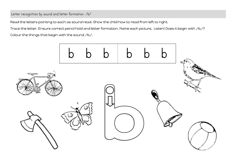 Beginning sound /b/: students read and trace b, then colour pictures that start with /b/, such as bicycle, bell and ball