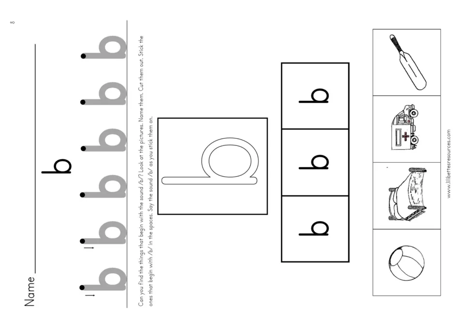 Sound /b/ cut and stick: students trace b, then cut out pictures and stick only those beginning with /b/ on the b spaces