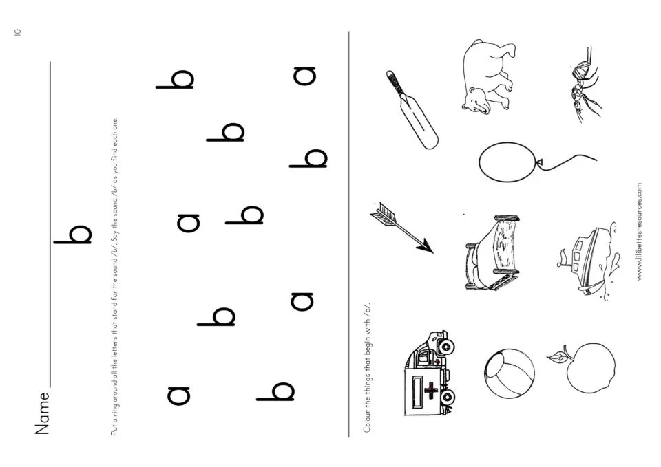 Telling b from a: students ring every letter b among scattered a letters, then colour pictures like bat, bear and boat