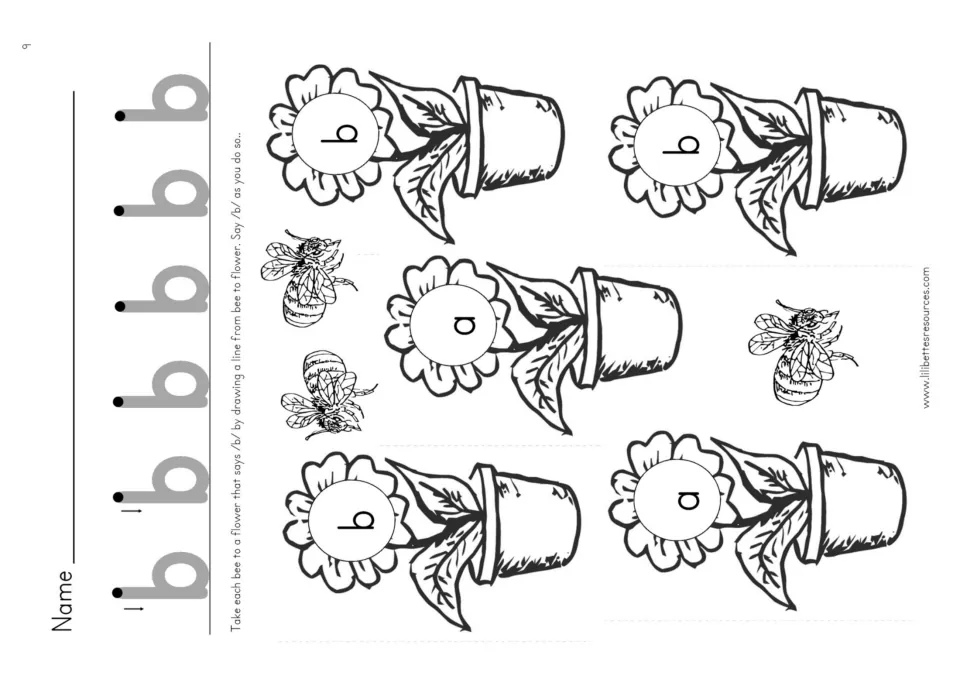 Bee-to-flower matching: students draw a line from each bee to a flower marked b, not a, saying /b/, after tracing b