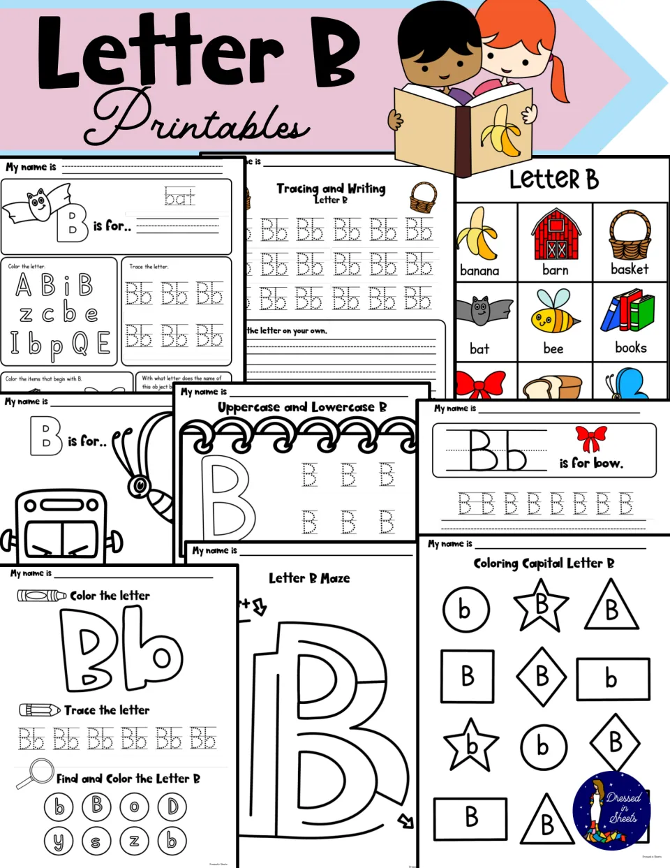 Letter B Printables cover showing tracing pages, B is for coloring sheets, a letter B maze and a capital B coloring page