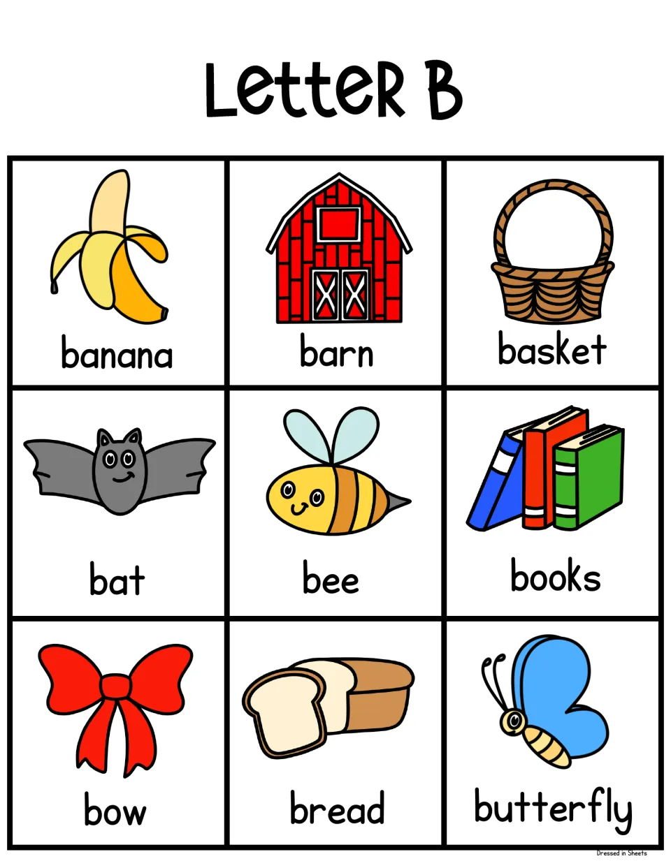 Letter B picture chart of nine words: banana, barn, basket, bat, bee, books, bow, bread and butterfly with color clip art