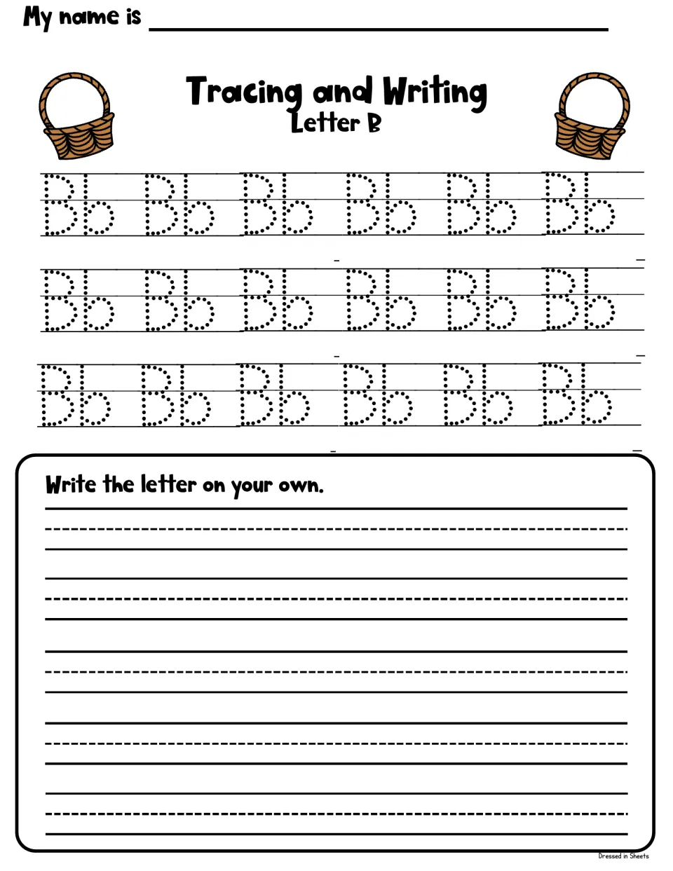 Tracing and writing letter B: students trace three rows of dotted Bb, then write the letter on their own for handwriting