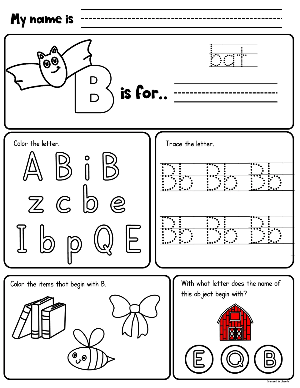 B is for bat: students trace bat, color B letters, trace Bb, color items starting with B and pick the first letter of barn