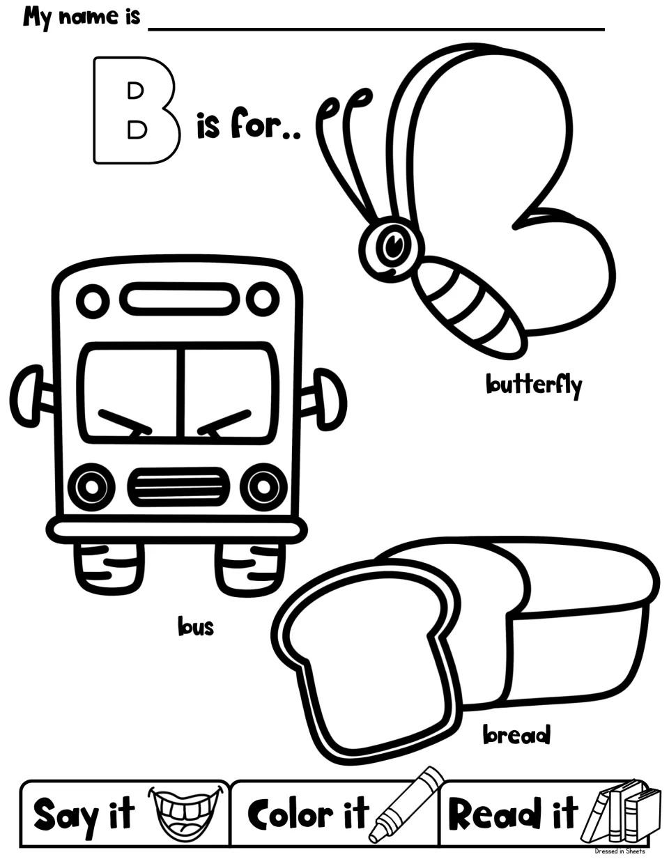 B is for butterfly, bus and bread: students say, color and read each labeled picture to practise the beginning /b/ sound