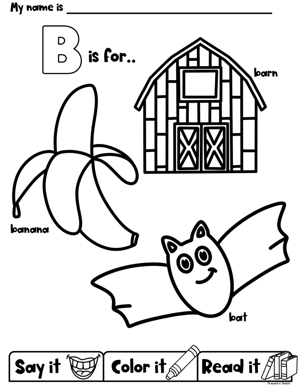 B is for barn, banana and bat: a coloring page where students say, color and read each labeled B word picture