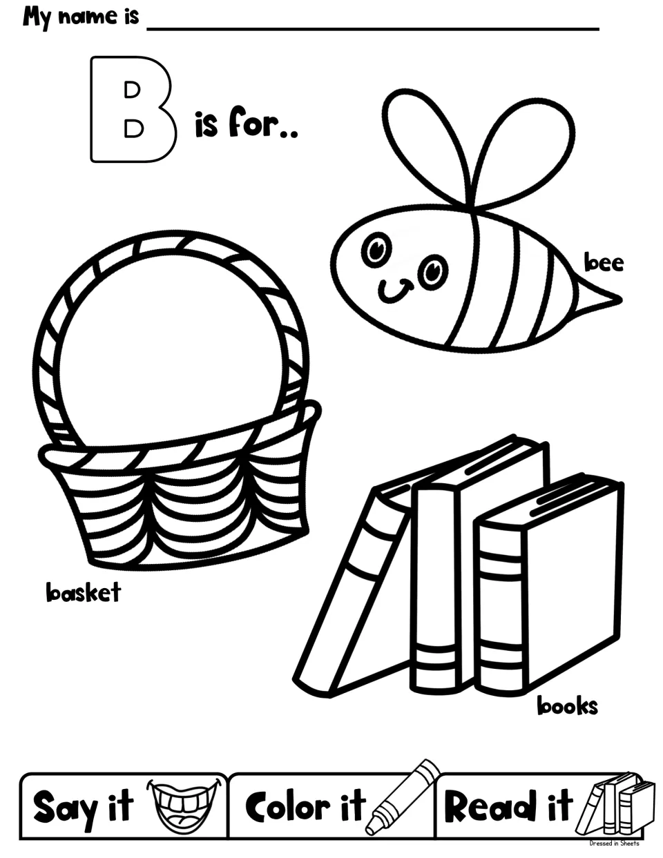 B is for bee, basket and books: students say the word, color the picture and read the label for each beginning-B item