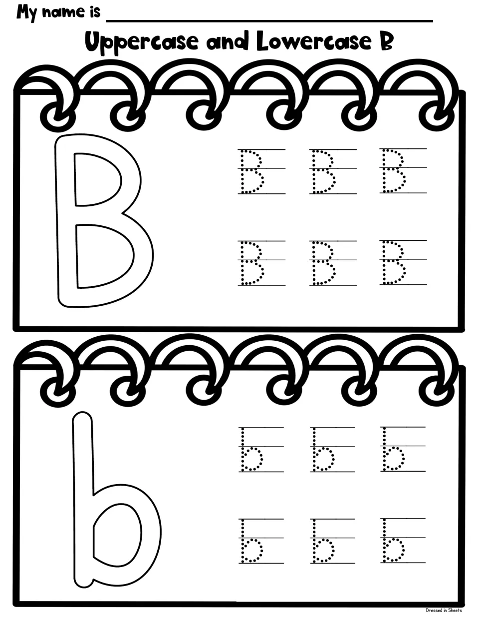 Uppercase and lowercase B: beside a large outlined B and b, students trace six dotted copies of each letter case