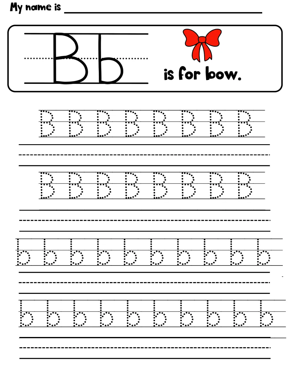 Bb is for bow: students trace two rows of dotted capital B and two rows of lowercase b, then write each below