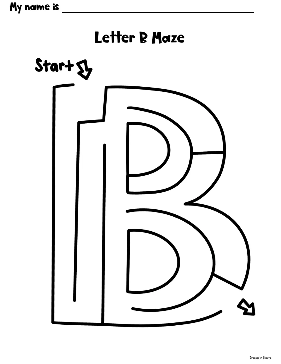 Letter B maze: students follow a path through a large capital B from the start arrow to the exit arrow