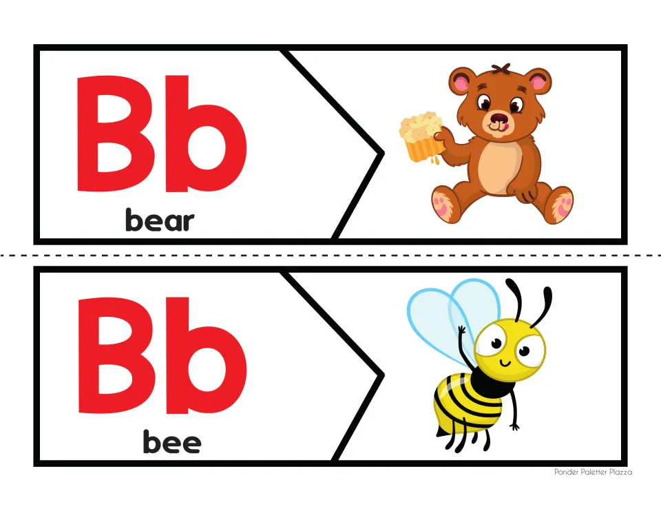 Letter B beginning-sound puzzles 1–2: uppercase B and lowercase b with bear and bee words and pictures.