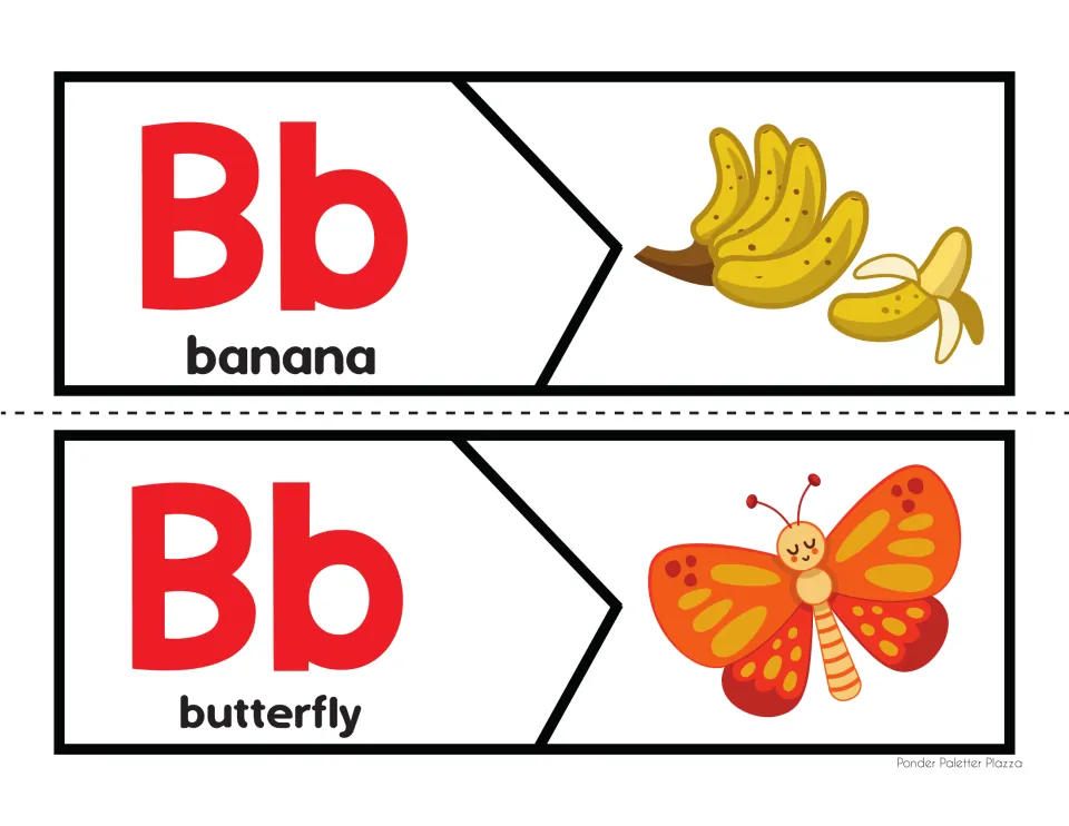 Letter B beginning-sound puzzles 3–4: uppercase B and lowercase b with banana and butterfly words and pictures.