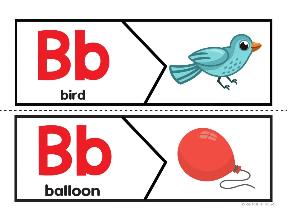 Letter B beginning-sound puzzles 5–6: uppercase B and lowercase b with bird and balloon words and pictures.