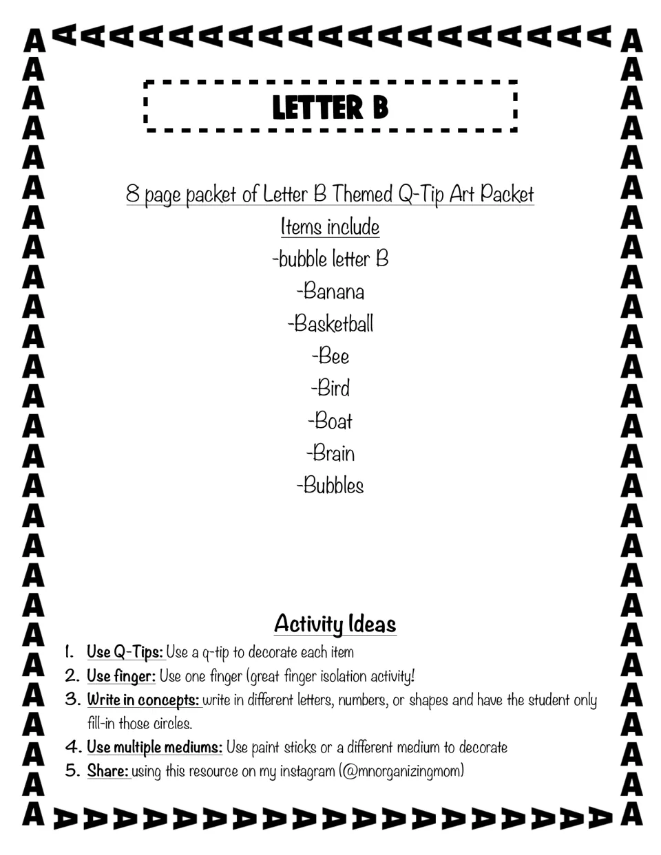 Letter B overview: 8 dot-art pages (bubble B, banana, basketball, bee, bird, boat, brain, bubbles) plus 5 activity ideas