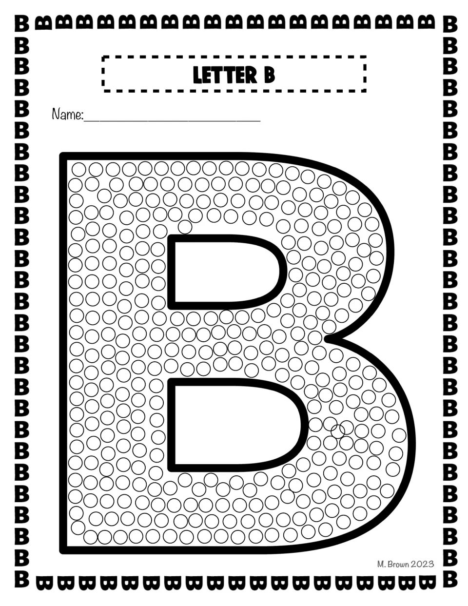 Bubble letter B filled with small circles: students dab each circle with a cotton swab, tracing the letter's shape