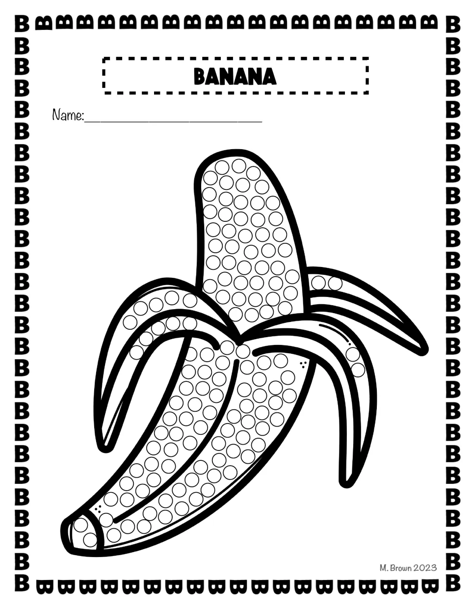 Banana: students dot paint into the circles inside a peeled banana drawing, linking the picture to the /b/ sound