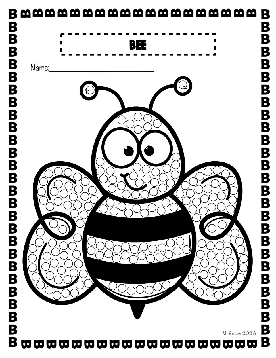 Bee: students dab the circles on a smiling bee's head, wings and striped body as they practise the B sound