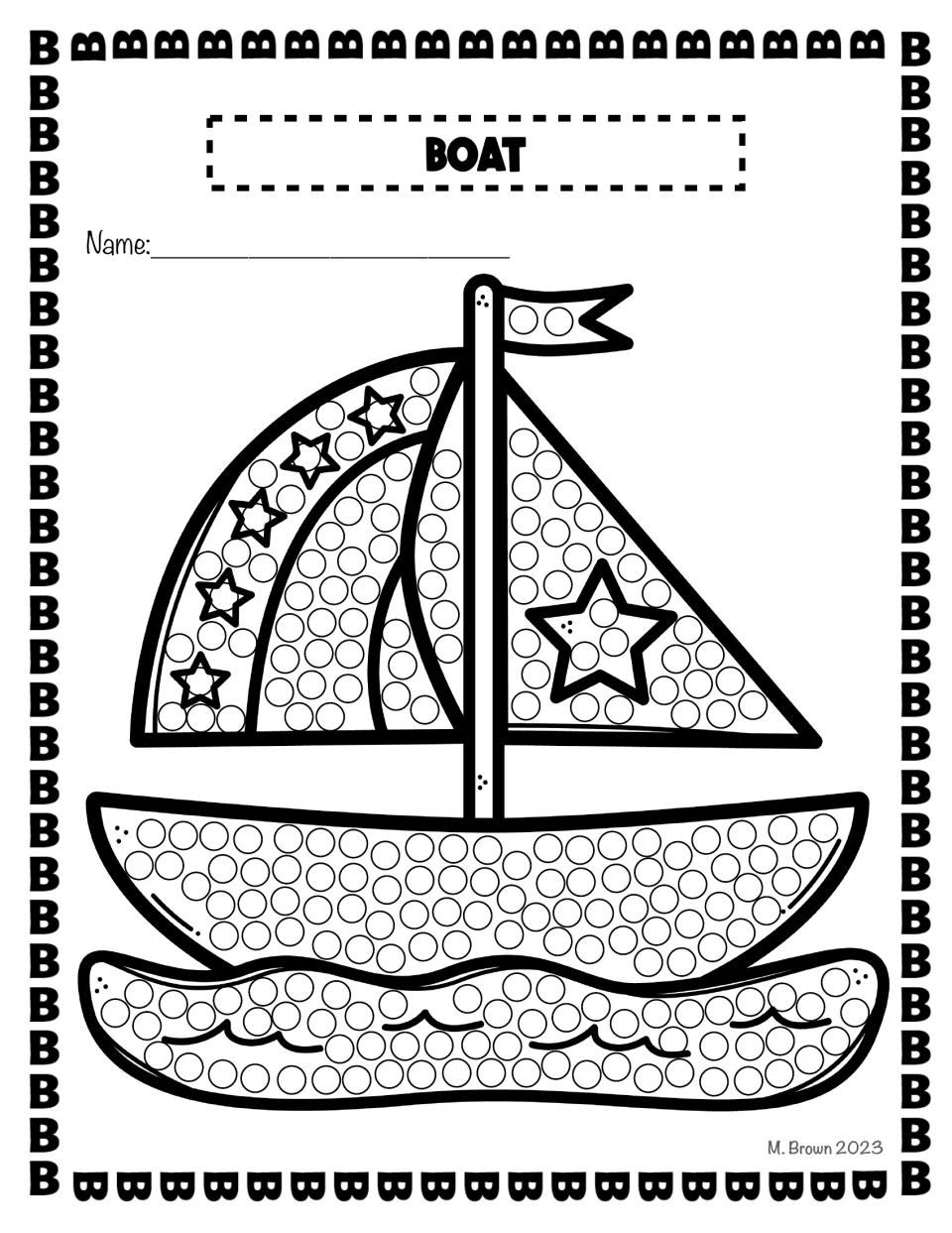 Boat: students dot the circles on a sailboat's star-patterned sails, flag, hull and waves for B-word practice
