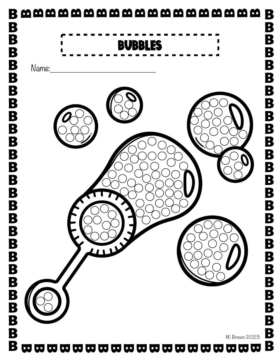 Bubbles: students dot the circles inside a bubble wand and five floating bubbles