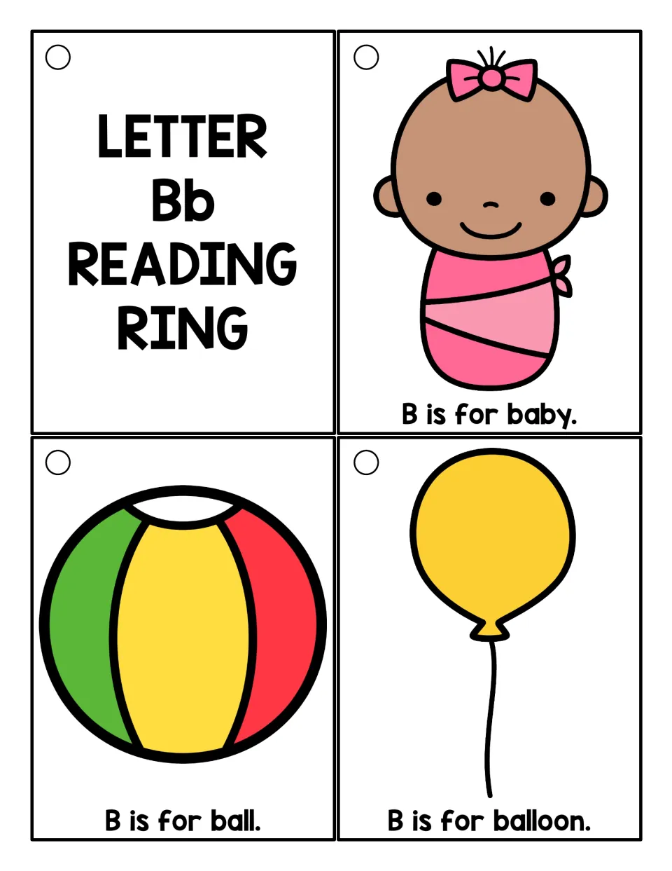 Beginning B sound cards in color: a title card plus picture cards with the sentences B is for baby, ball and balloon