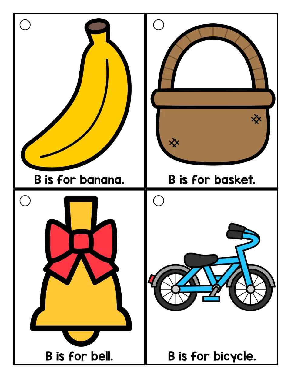 Color B-word cards for reading simple sentences: B is for banana, basket, bell and bicycle, each with a picture