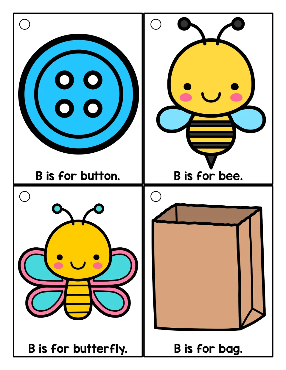 Letter-sound color cards: children read B is for button, bee, butterfly and bag beside a bright picture of each