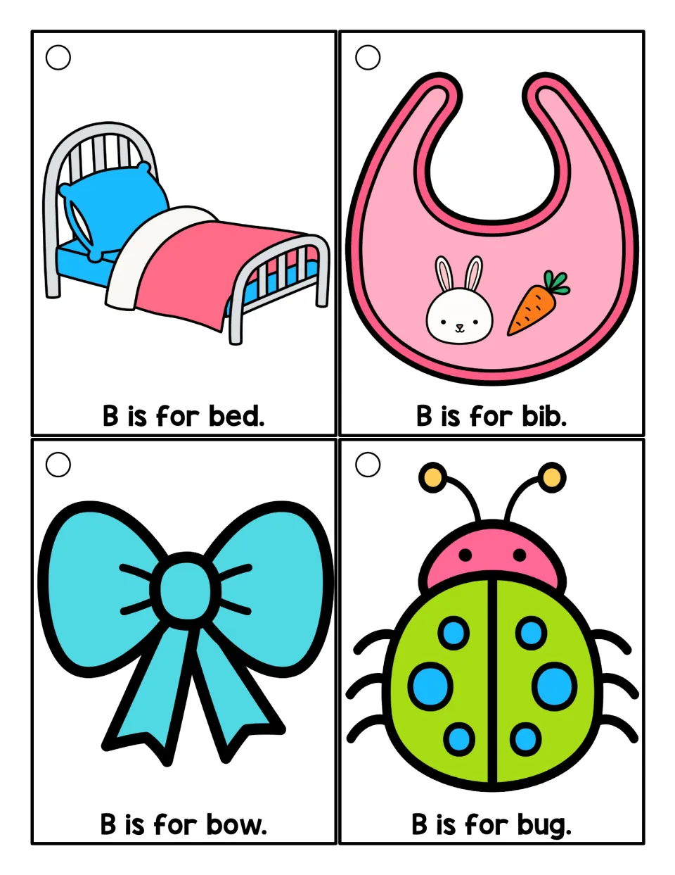 Initial B words in color: students read the picture cards B is for bed, bib, bow and bug to finish the color set