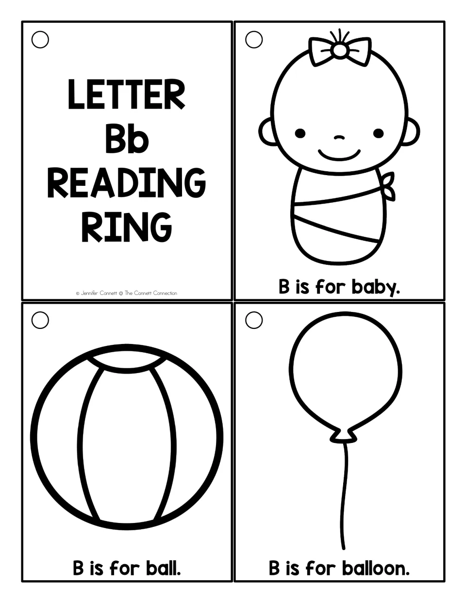 Black-and-white title card and outline pictures to color, with the sentences B is for baby, ball and balloon