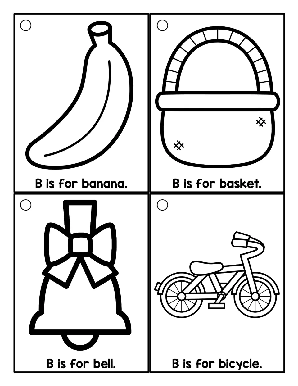 Coloring cards for the B sound: students color and read B is for banana, basket, bell and bicycle