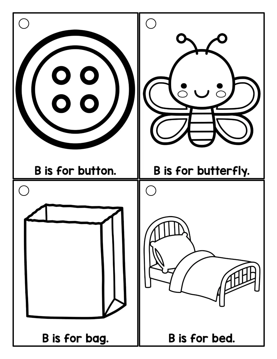 Outline word cards to color and read aloud: B is for button, butterfly, bag and bed, each with a simple drawing