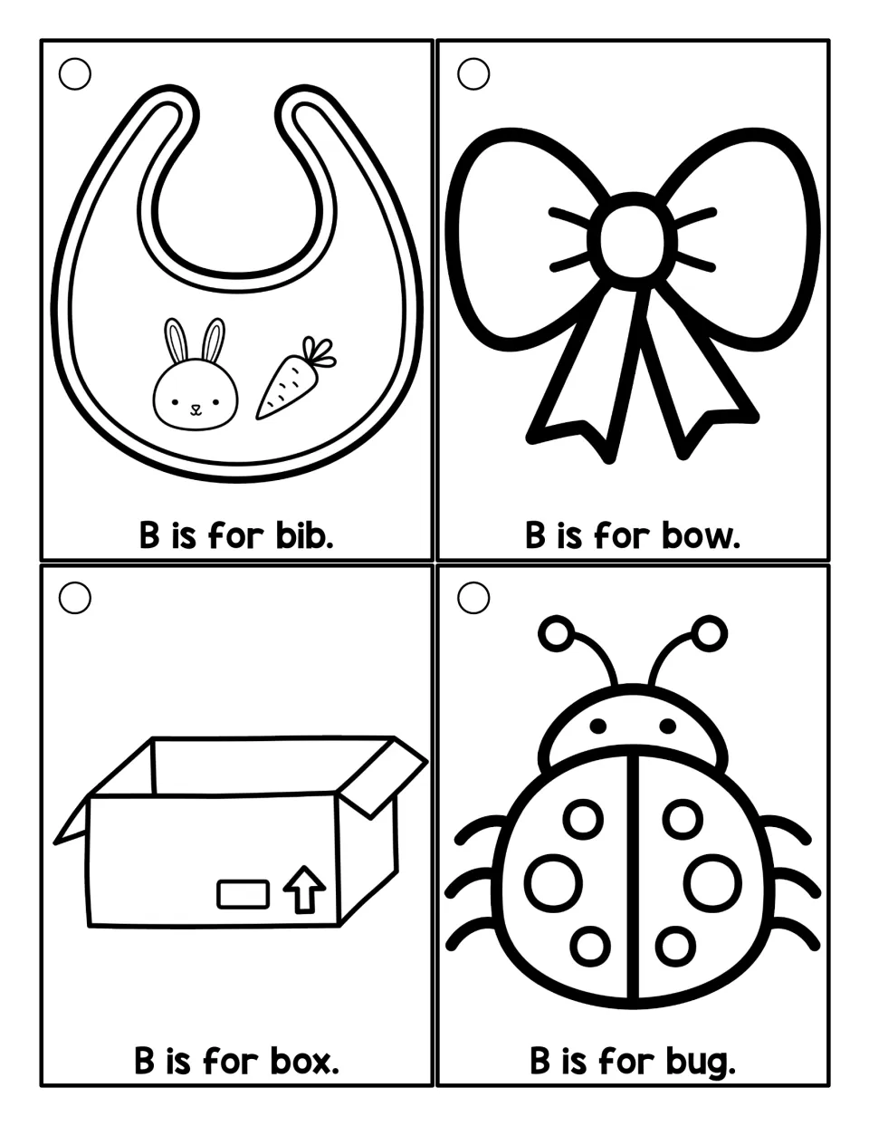 Line-art cards adding a box not in the color set: students read B is for bib, bow, box and bug, then color them