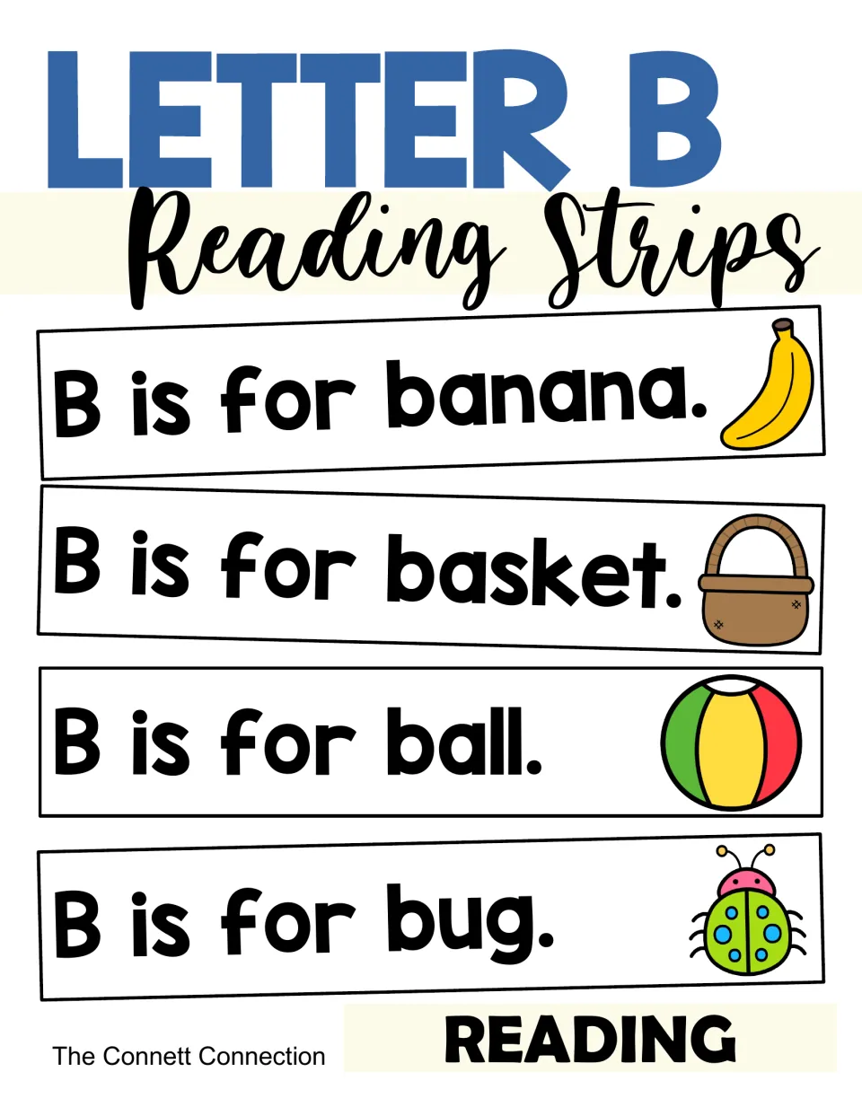 Letter B Reading Strips cover showing sample strips: B is for banana, basket, ball and bug, each with a matching picture