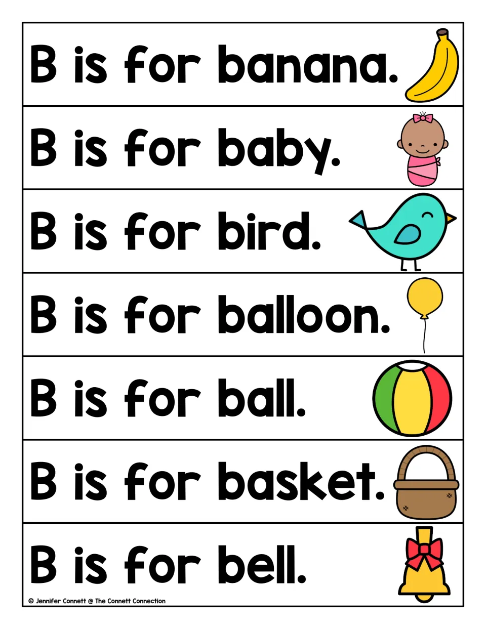 Letter B sentences to read: B is for banana, baby, bird, balloon, ball, basket and bell, each beside a picture clue