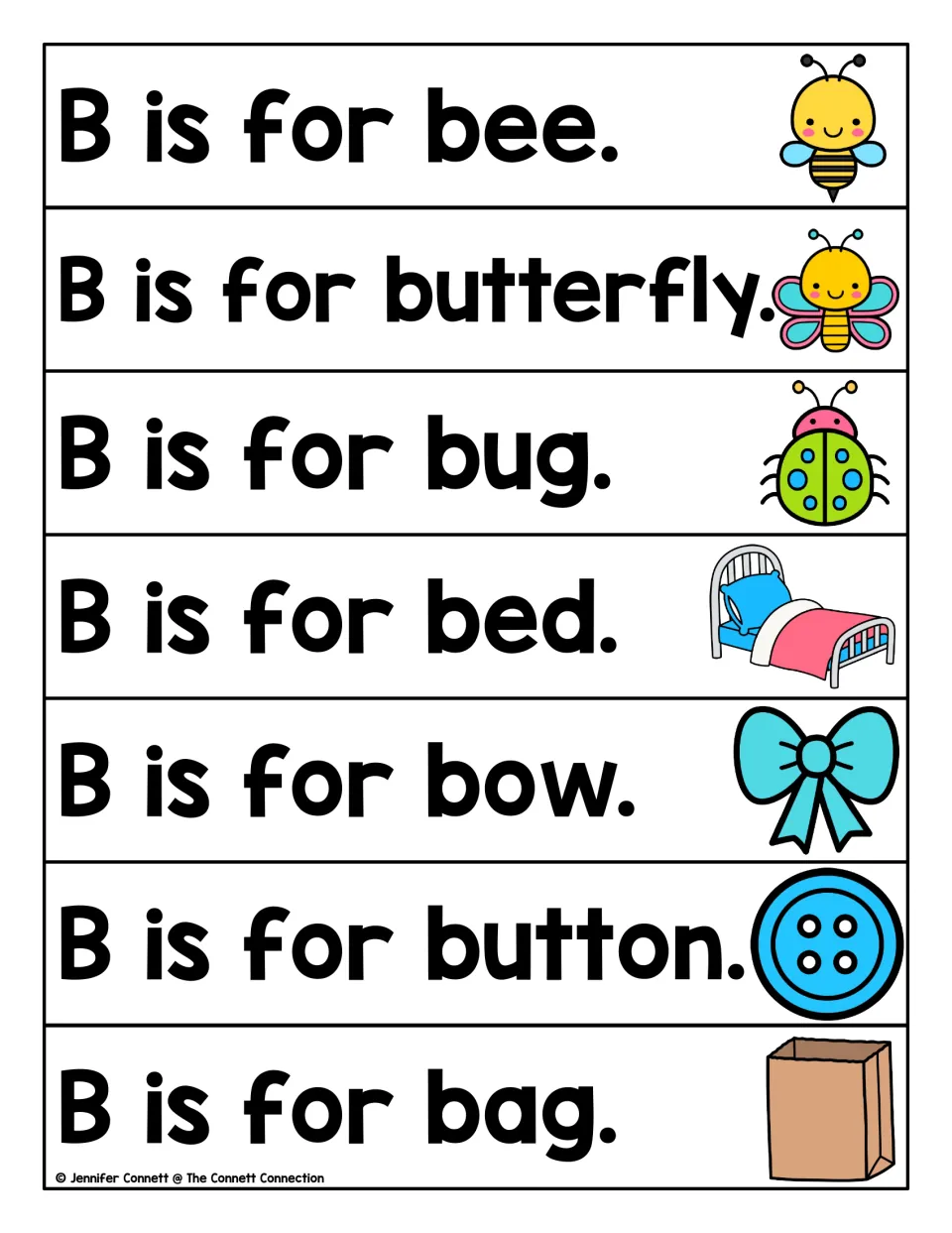 More B sentences to read: B is for bee, butterfly, bug, bed, bow, button and bag, with a picture clue on each strip