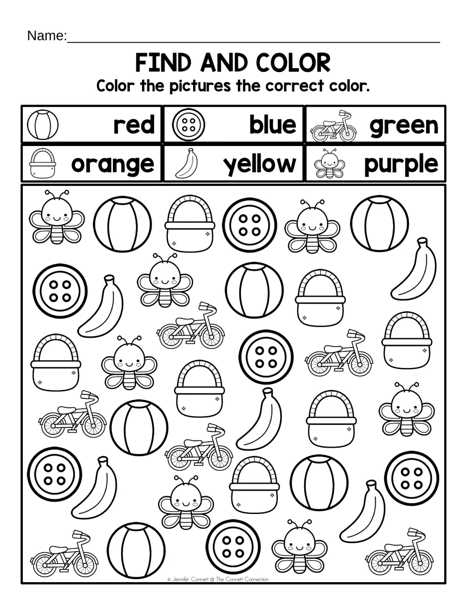 Letter B find and color: students color each ball, button, bike, basket, banana and bee by the key's six colors