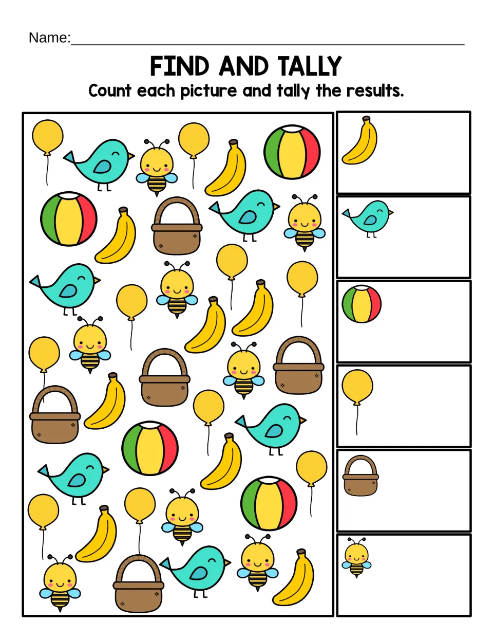 Letter B find and tally in color: students count bananas, birds, balls, balloons, baskets and bees and tally each