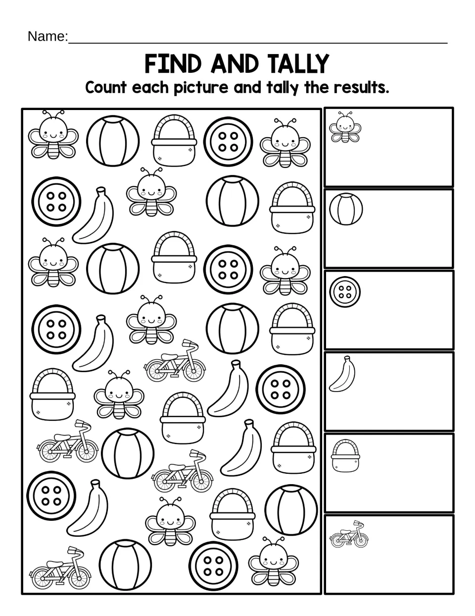 Letter B find and tally in black and white: students tally bees, balls, buttons, bananas, baskets and bikes