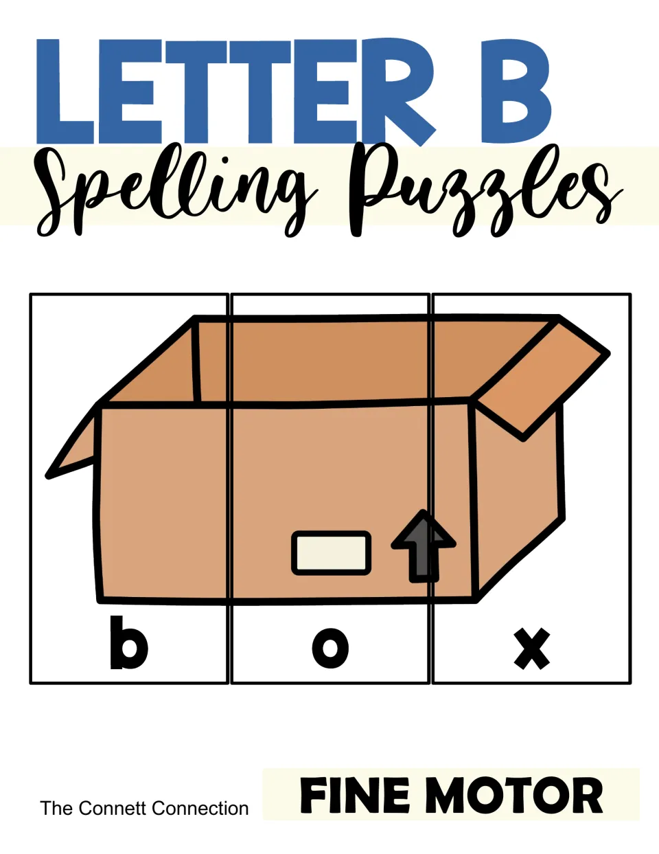 Letter B Spelling Puzzles cover: a box picture cut into three strips labeled b, o, x to build the word; fine motor label