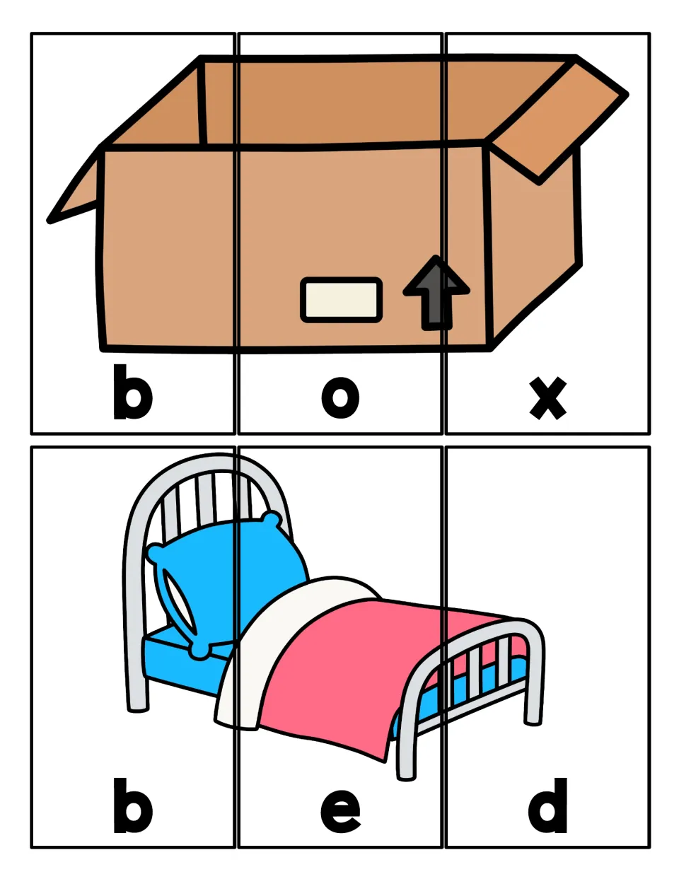 Three-letter B words: students cut apart strips and rebuild the box and bed pictures to spell b-o-x and b-e-d in order