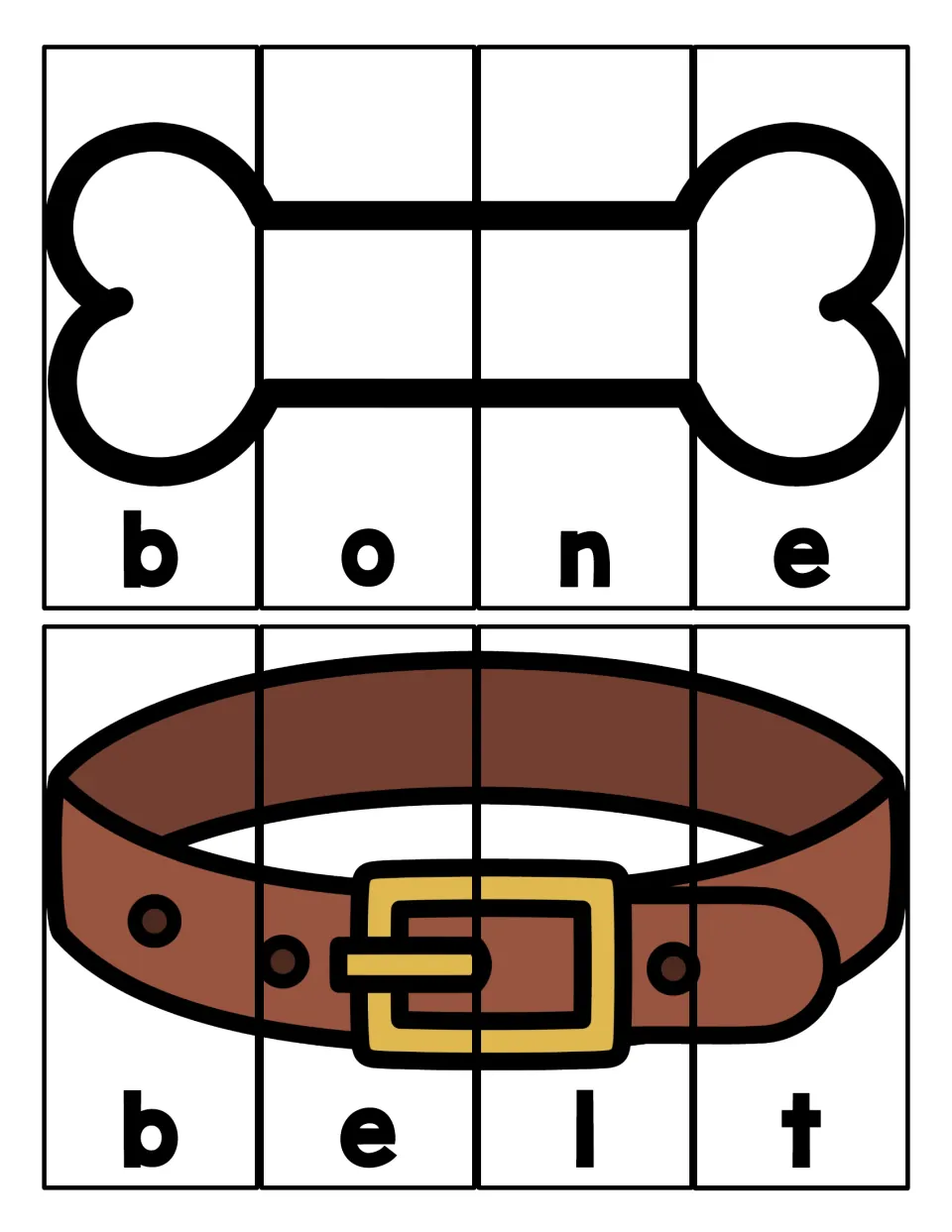 Four-letter B words: students cut and reassemble strips of a bone and a belt picture, spelling b-o-n-e and b-e-l-t