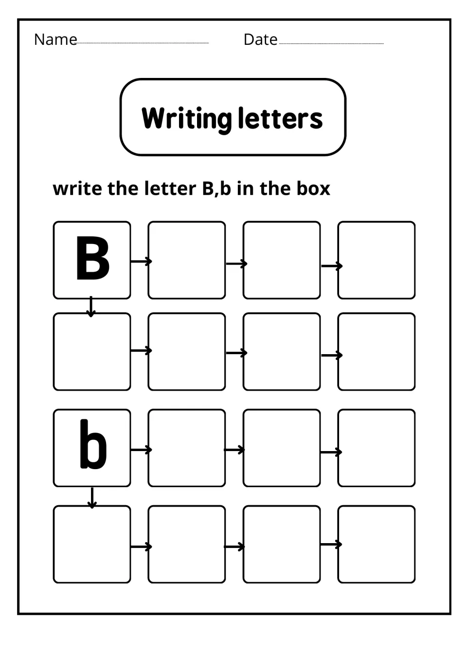 Writing letters: students copy uppercase B and lowercase b into empty boxes, following arrows from each model letter